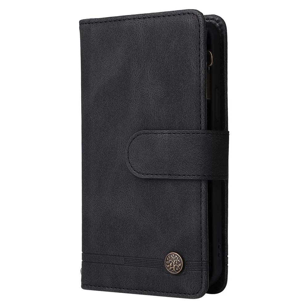 Mobile Phone Stripes Imprinted Skin-touch Wallet Stand Leather Cover Card Slots Flip Protective Case with Zipper Pocket for iPhone 13 mini 5.4 inch - Black - 3