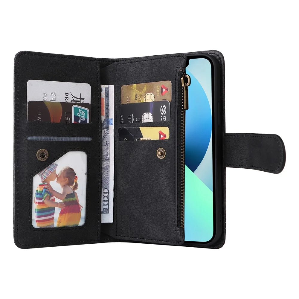 Mobile Phone Stripes Imprinted Skin-touch Wallet Stand Leather Cover Card Slots Flip Protective Case with Zipper Pocket for iPhone 13 mini 5.4 inch - Black - 5