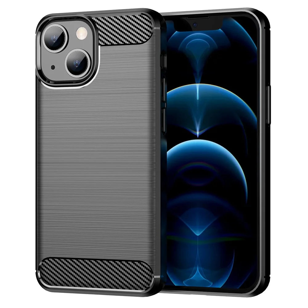 1.8mm Carbon Fiber Brushed Texture Flexible TPU Phone Back Case Protective Cover for iPhone 13 mini 5.4 inch - Black - 1