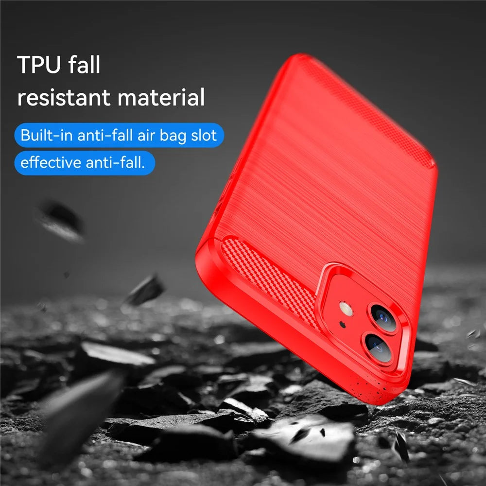 1.8mm Carbon Fiber Brushed Texture Anti-fall Protection Back Case Flexible TPU Cover for iPhone 12/12 Pro 6.1 inch - Red - 7