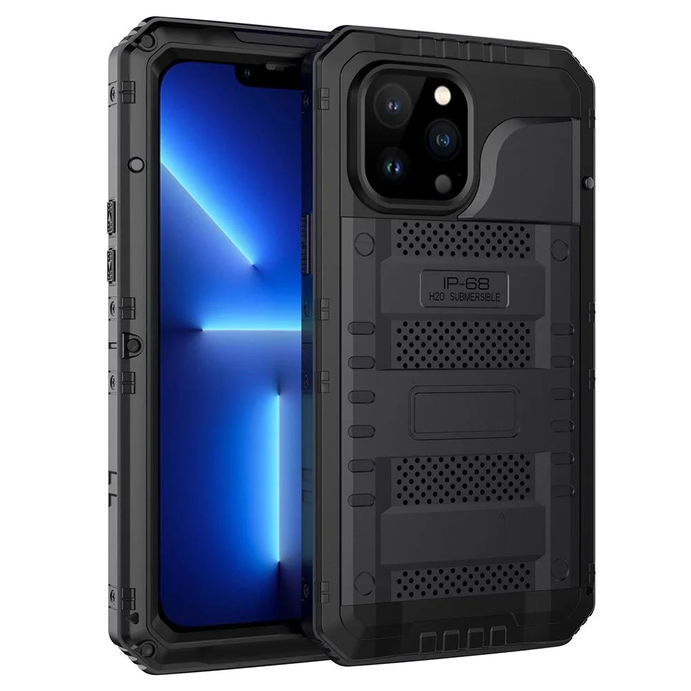 Shockproof Waterproof Dust-proof Drop-roof 360 Degree Full Protection Silicone + Metal Phone Case Shell for iPhone 13 Pro 6.1 inch - Black - 1