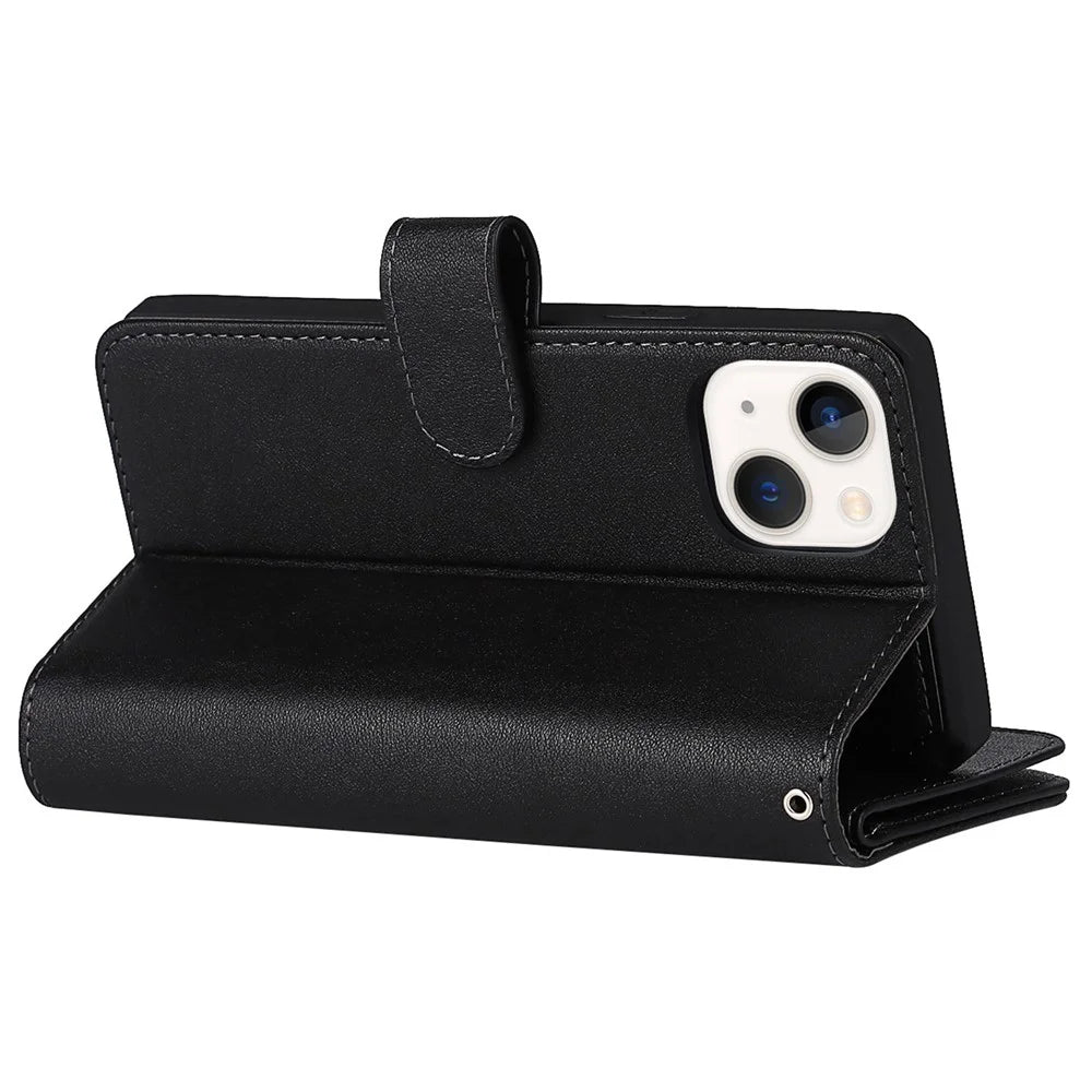 Fall-proof Detachable PU Leather Wallet Stand Phone Case Shell with Wrist Strap for iPhone 13 6.1 inch - Black - 5