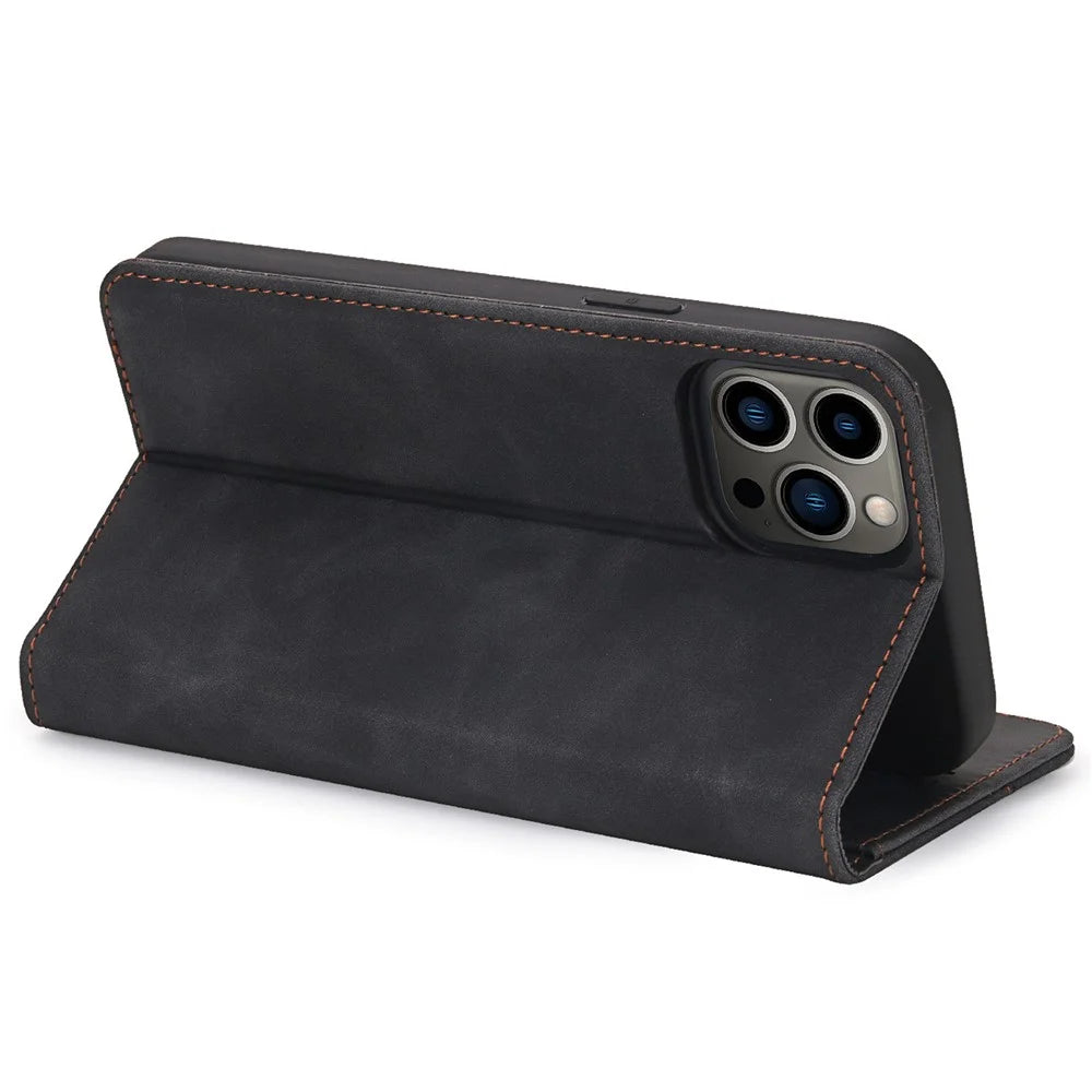POLA 008 Series Auto Closing Magnetic Retro PU Leather Flip Wallet Phone Case with Stand for iPhone 13 Pro 6.1 inch - Black - 4