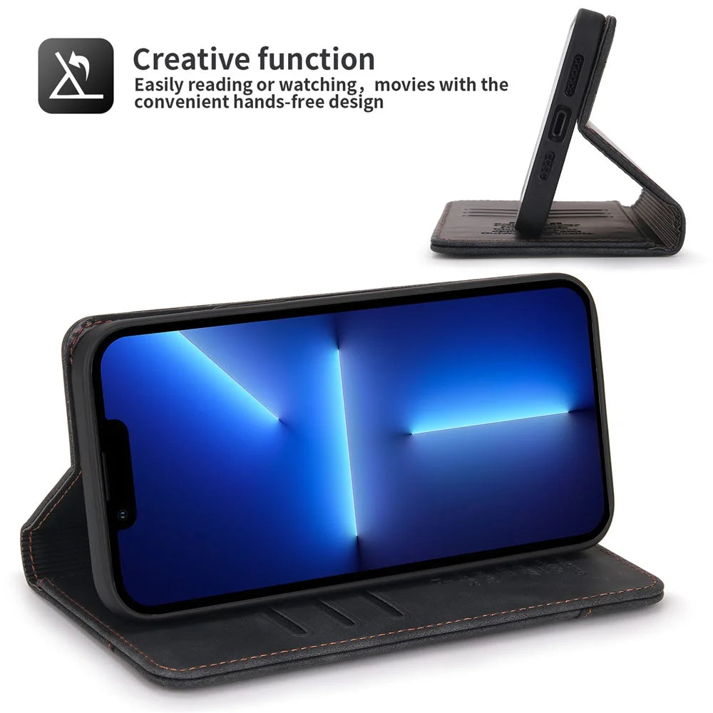 POLA 008 Series Auto Closing Magnetic Retro PU Leather Flip Wallet Phone Case with Stand for iPhone 13 Pro 6.1 inch - Black - 5