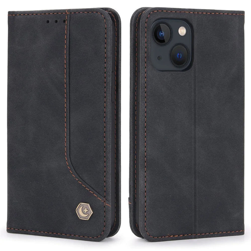POLA 008 Series Viewing Stand Retro PU Leather Flip Wallet Case Full Body Magnetic Adsorption Protective Cover for iPhone 13 6.1 inch - Black - 1