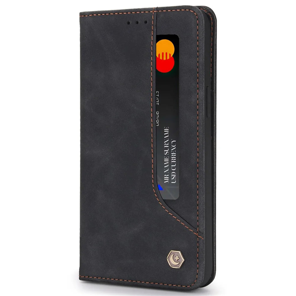 POLA 008 Series Viewing Stand Retro PU Leather Flip Wallet Case Full Body Magnetic Adsorption Protective Cover for iPhone 13 6.1 inch - Black - 2