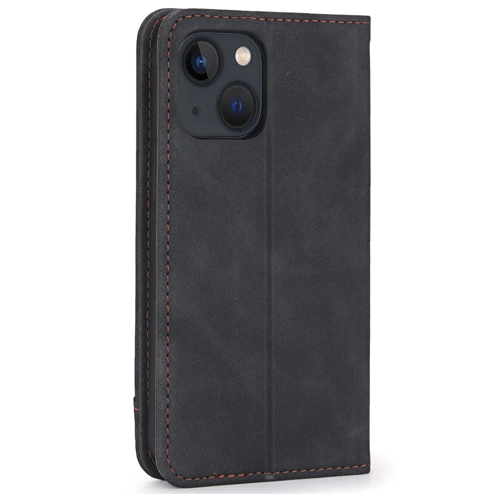 POLA 008 Series Auto Magnetic Closed Retro PU Leather Wallet Case Stand All-Round Protection Phone Cover for iPhone 13 mini 5.4 inch - Black - 3