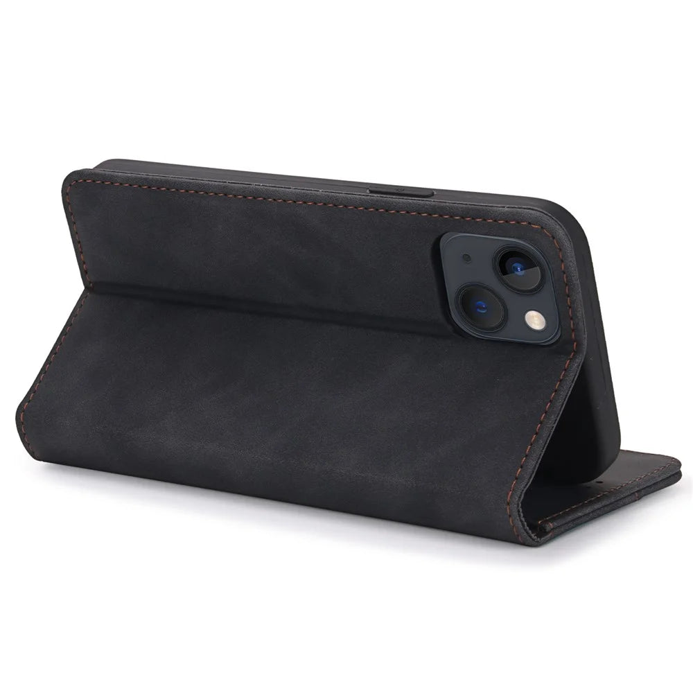POLA 008 Series Auto Magnetic Closed Retro PU Leather Wallet Case Stand All-Round Protection Phone Cover for iPhone 13 mini 5.4 inch - Black - 4