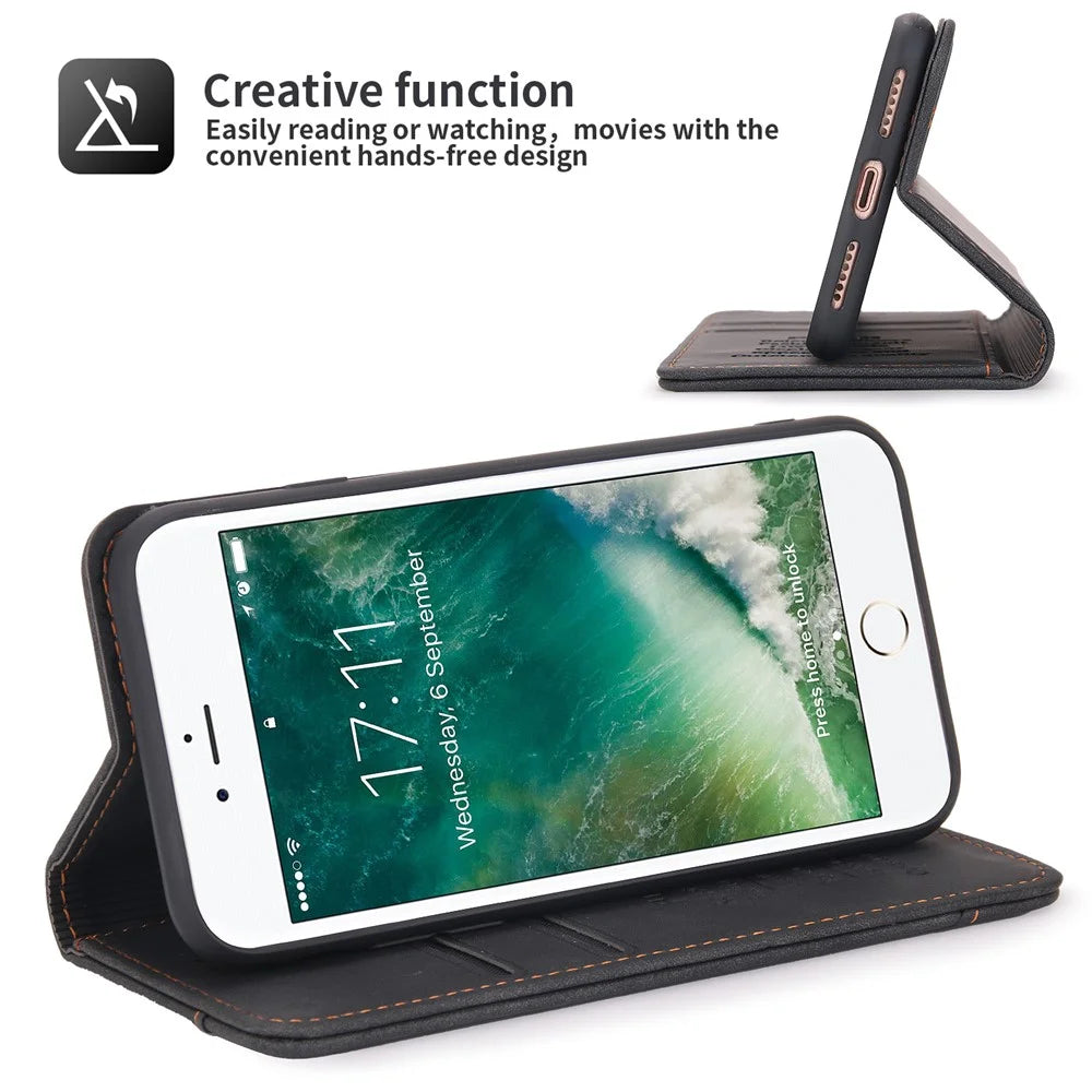 POLA 008 Series Full Protection Retro PU Leather Wallet Phone Case Flip Stand Auto Magnetic Closed Cover for iPhone SE (2022)/SE (2020)/8/7 - Black - 6