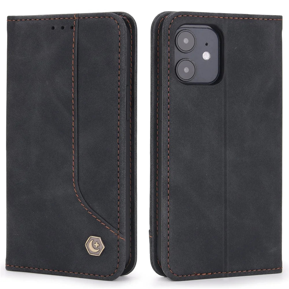 POLA 008 Series Wallet Design PU Leather Retro Folio Flip Case Stand Magnetic Auto-absorbed Shockproof Protection Cover for iPhone 12 mini 5.4 inch - Black - 1