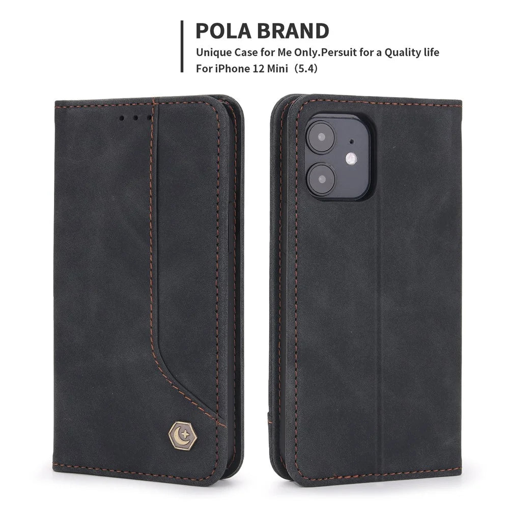 POLA 008 Series Wallet Design PU Leather Retro Folio Flip Case Stand Magnetic Auto-absorbed Shockproof Protection Cover for iPhone 12 mini 5.4 inch - Black - 2
