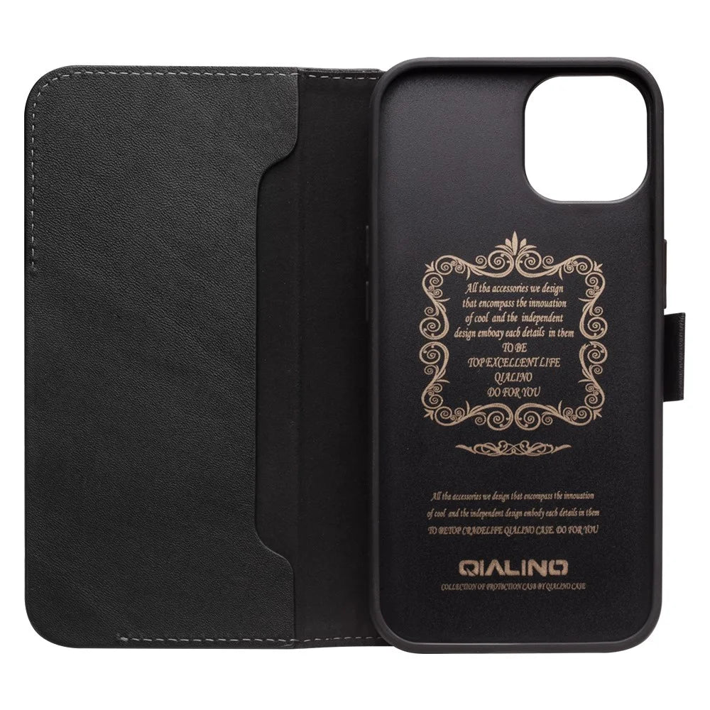 QIALINO Well-Protected Anti-Fall Magnetic Closure Wallet Design Genuine Leather Cell Phone Case for iPhone 13 mini 5.4 inch - Black - 4