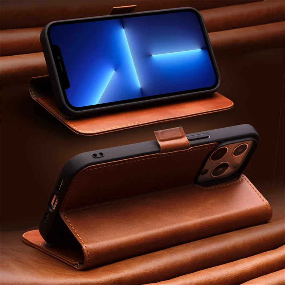 QIALINO Magnetic Closure Flip Folio Wallet Design Genuine Leather Cover Phone Case for iPhone 13 6.1 inch - Black - 6