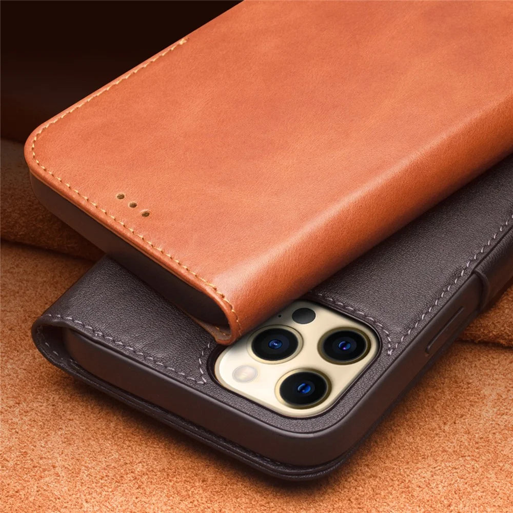 QIALINO For iPhone 12 mini 5.4 inch Magnetic Closure Genuine Leather Wallet Phone Case Stand Cover - Brown - 7
