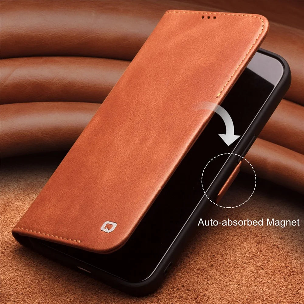 QIALINO For iPhone 12 Pro 6.1 inch Magnetic Clasp Genuine Leather Phone Case Wallet Stand Protective Cover - Brown - 4