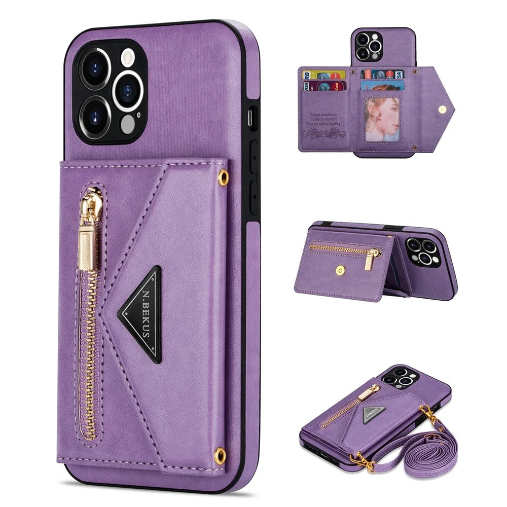 N.BEKUS for iPhone 12 Pro 6.1 inch Kickstand Design Zippered Pocket PU Leather + TPU Phone Case with Long Lanyard - Purple - 1