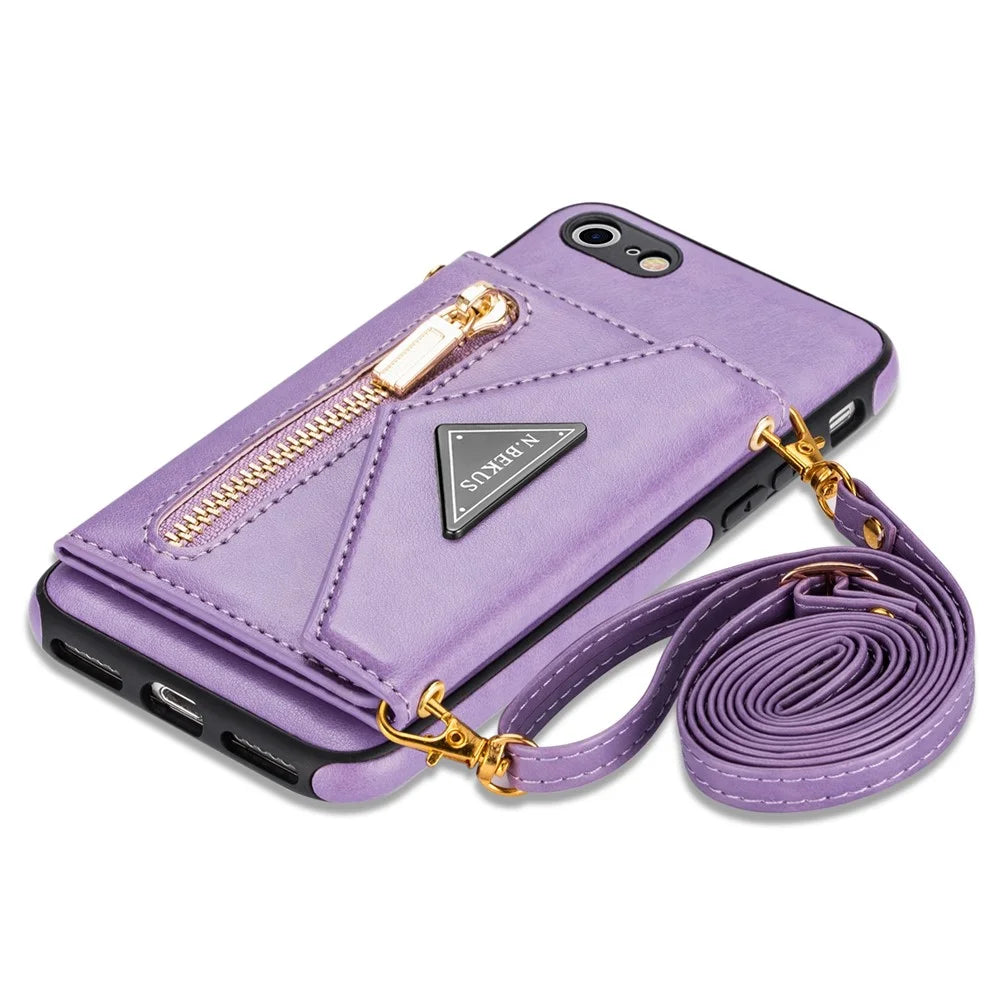 N.BEKUS for iPhone SE (2022)/SE (2020)/8/7 Kickstand Design Wallet PU Leather + TPU Shockproof Stylish Mobile Phone Case with Long Lanyard - Purple - 6
