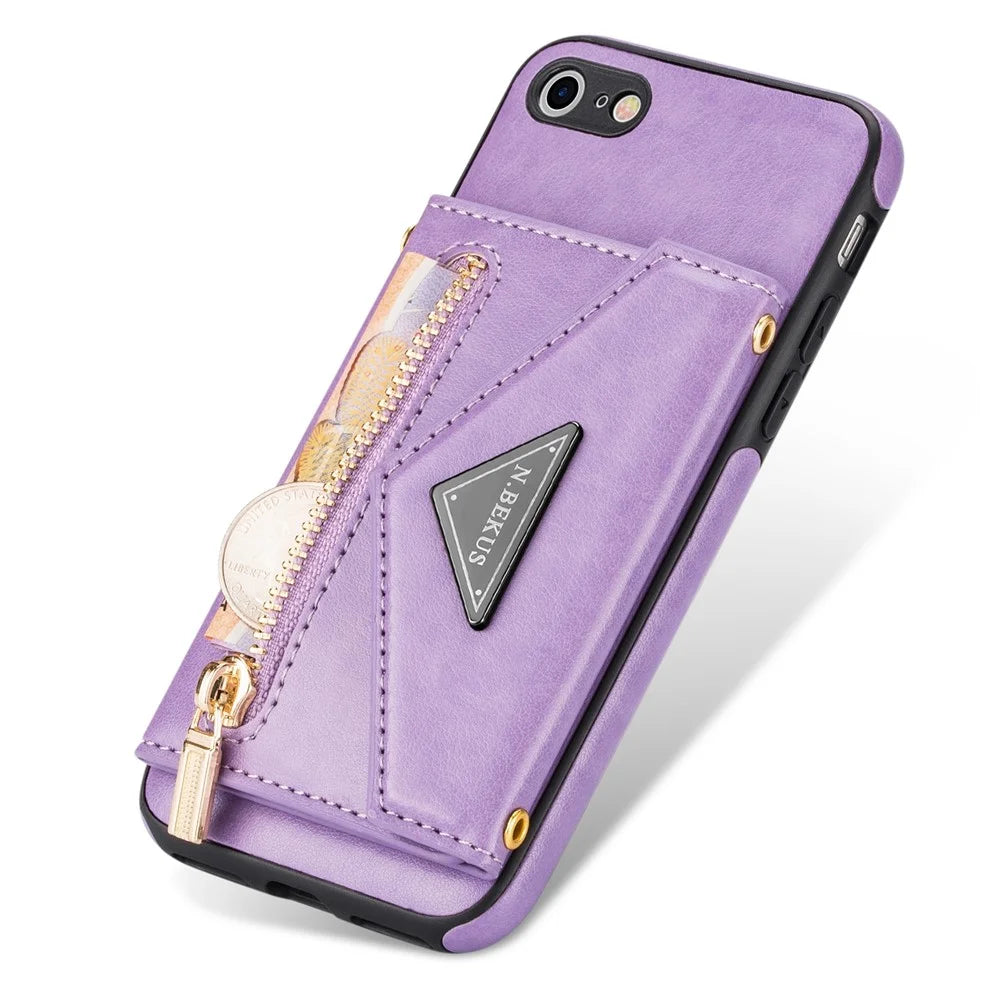 N.BEKUS for iPhone SE (2022)/SE (2020)/8/7 Kickstand Design Wallet PU Leather + TPU Shockproof Stylish Mobile Phone Case with Long Lanyard - Purple - 7