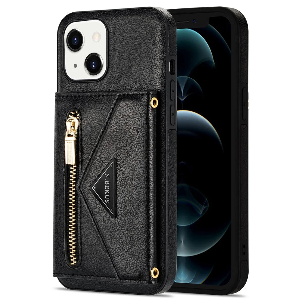 N.BEKUS for iPhone 13 6.1 inch Long Lanyard Anti-fall Wallet PU Leather + TPU Mobile Phone Case with Kickstand - Black - 2