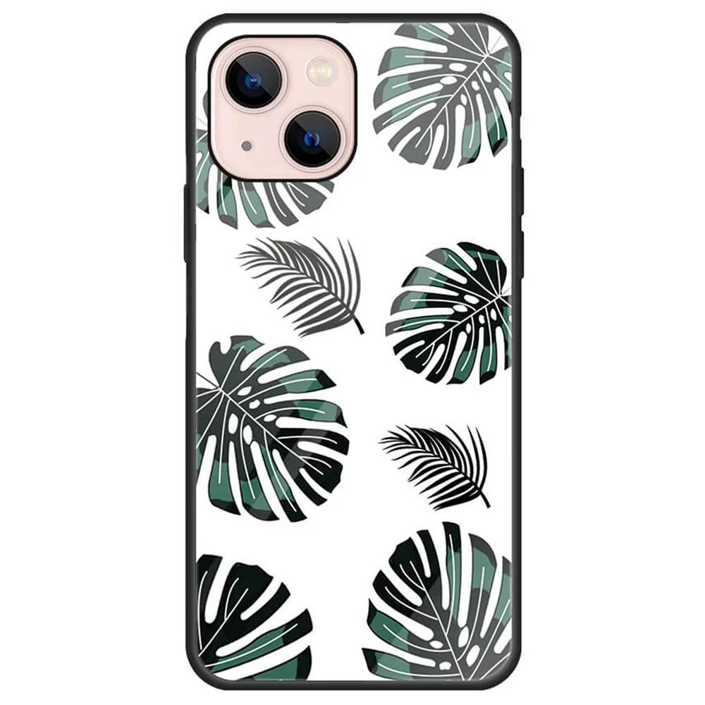 Pattern Printing Phone Case for iPhone 13 mini 5.4 inch, Anti-Scratch Tempered Glass+PC Back TPU Frame Hybrid Shockproof Cover - Leaves - 1