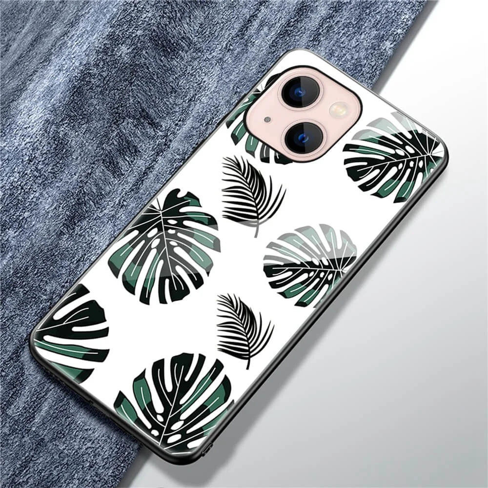 For iPhone 13 6.1 inch Case, Pattern Design Hard Tempered Glass+PC Back TPU Frame Shockproof Cover - Leaves - 2