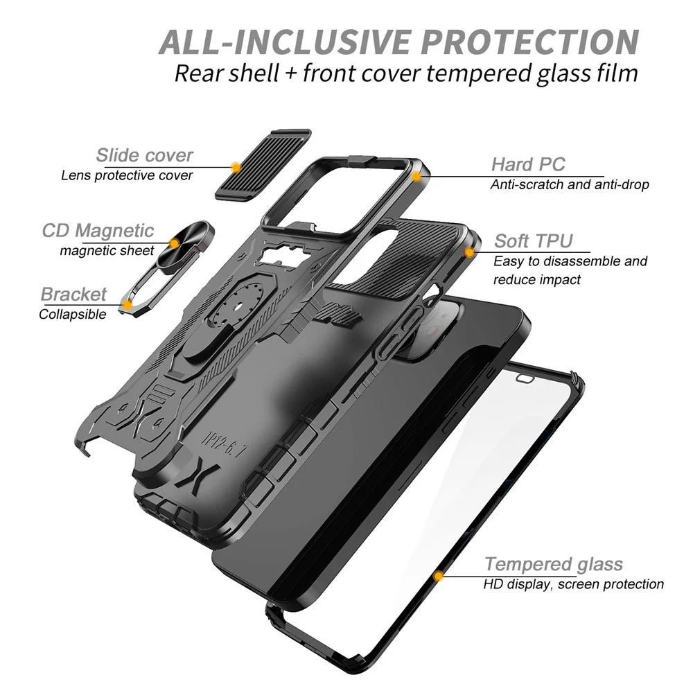 For iPhone 11 6.1 inch Slide Camera Protector Kickstand PC + TPU Hybrid Phone Case Shell with Tempered Glass Film - Black - 7