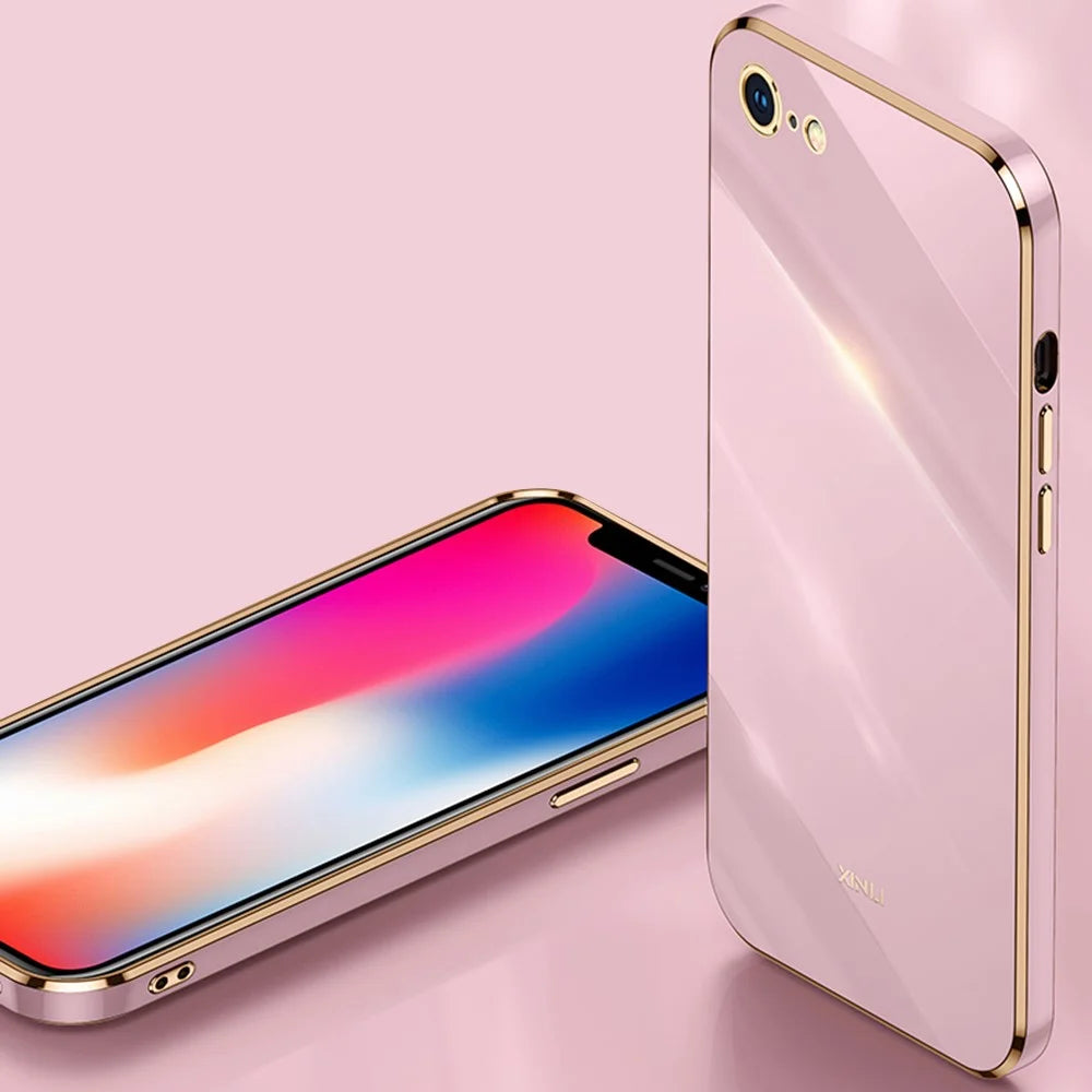 XINLI for iPhone 7 inch/8 4.7 inch/SE (2022)/SE (2020) Mobile Phone Back Cover Precise Lens Cutout Electroplating Golden Edge Flexible TPU Case - Black - 4