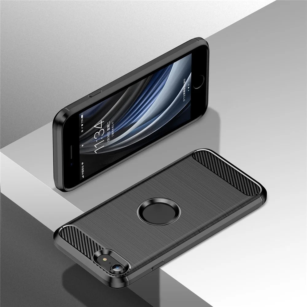 For iPhone SE 2022/SE 2020 Carbon Fiber Texture Brushed Surface 1.8mm TPU Phone Case Shell - Black - 2