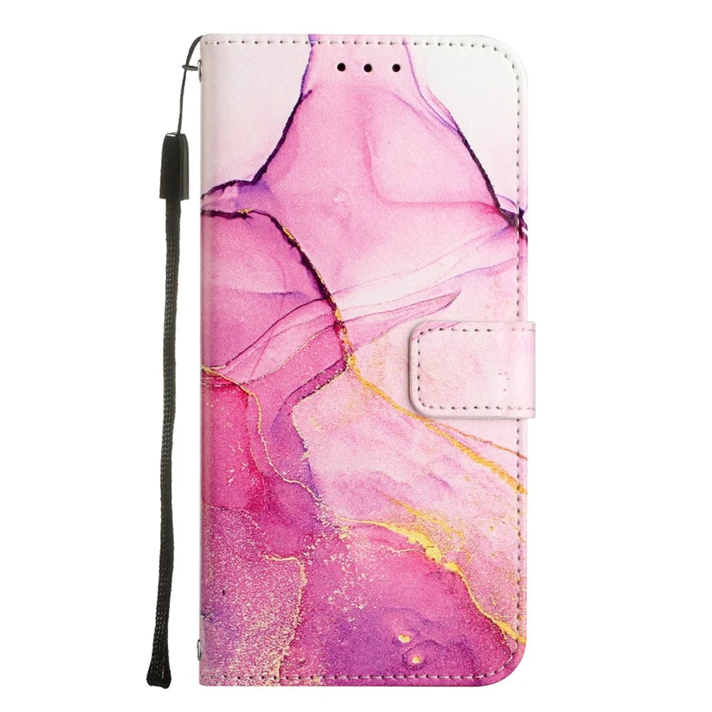YB Pattern Printing Series-5 for iPhone SE (2022)/SE (2020)/8/7 4.7 inch Marble Pattern Wallet Cover PU Leather Stand Function Protective Phone Case with Strap - Pink Purple Gold LS001 - 2