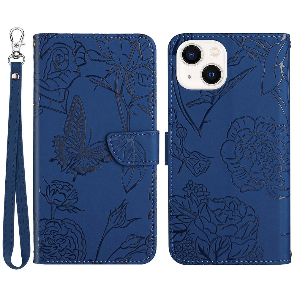 For iPhone 13 mini 5.4 inch Fashionable PU Leather Case Supporting Stand Skin-touch Feeling Butterfly Flower Pattern Imprinted Flip Wallet Phone Cover with Wrist Strap - Blue - 1