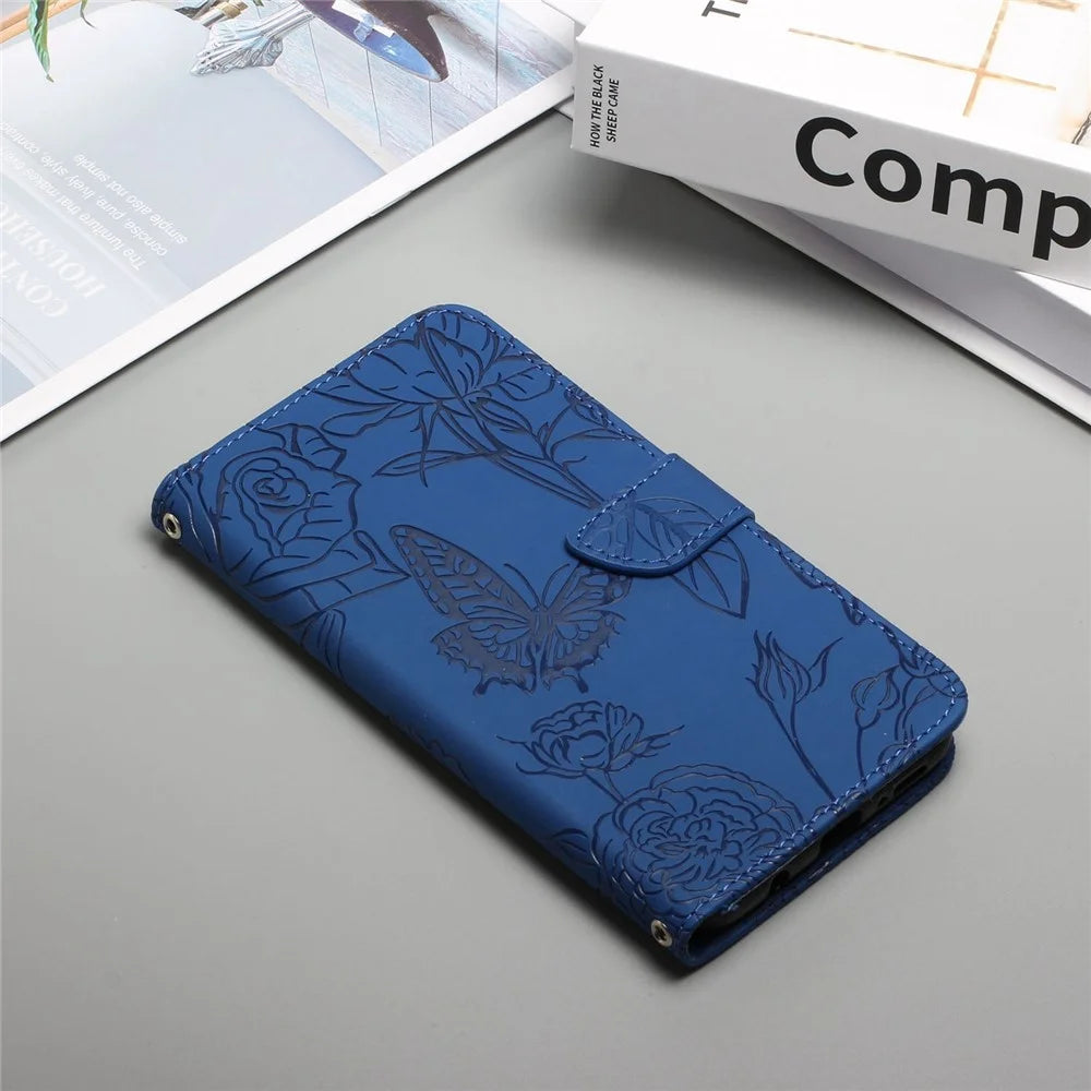 For iPhone 13 mini 5.4 inch Fashionable PU Leather Case Supporting Stand Skin-touch Feeling Butterfly Flower Pattern Imprinted Flip Wallet Phone Cover with Wrist Strap - Blue - 7
