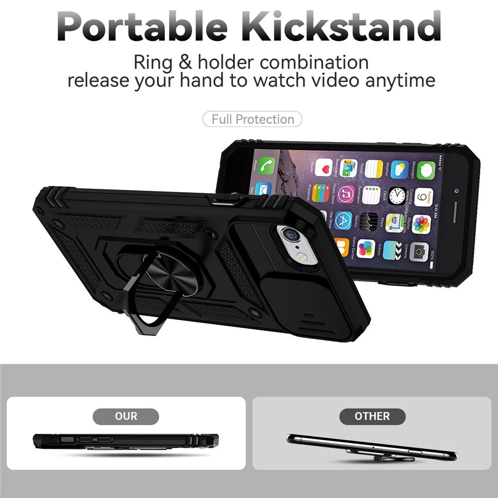 For iPhone SE (2022)/SE (2020)/8/7 4.7 inch Dustproof Phone Case Ring Kickstand Hybrid PC TPU Phone Shell with Slide Camera Protection Cover - Black - 2