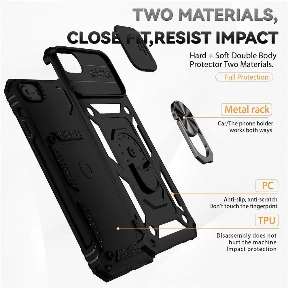 For iPhone SE (2022)/SE (2020)/8/7 4.7 inch Dustproof Phone Case Ring Kickstand Hybrid PC TPU Phone Shell with Slide Camera Protection Cover - Black - 4