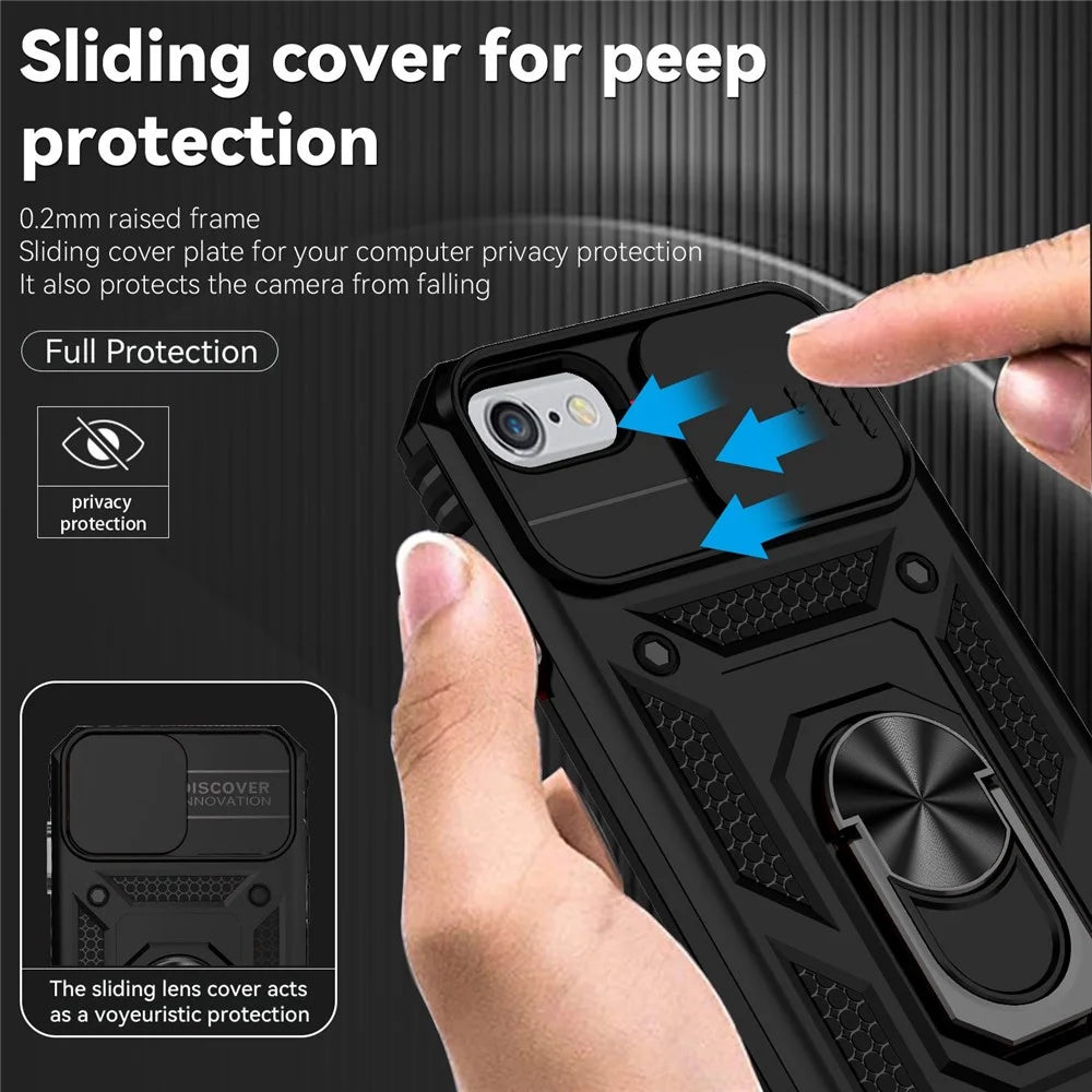 For iPhone SE (2022)/SE (2020)/8/7 4.7 inch Dustproof Phone Case Ring Kickstand Hybrid PC TPU Phone Shell with Slide Camera Protection Cover - Black - 5