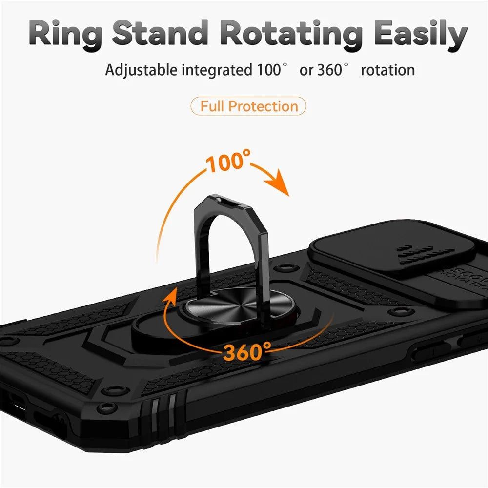 For iPhone SE (2022)/SE (2020)/8/7 4.7 inch Dustproof Phone Case Ring Kickstand Hybrid PC TPU Phone Shell with Slide Camera Protection Cover - Black - 7