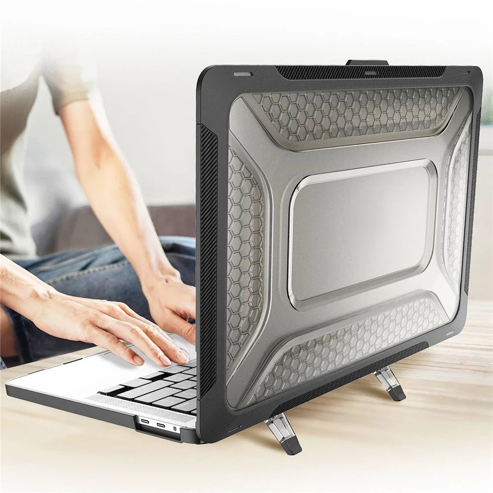 For MacBook Pro 13 inch (2020) PC + TPU Laptop Case Anti-scratch Full-Protection Notebook Cover with Supporting Feet - Black - 7