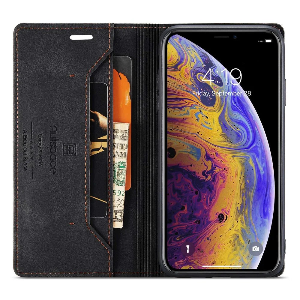 AUTSPACE A01 Series for iPhone X/XS PU Leather Case RFID Blocking Wallet Stand Flip Cover - Black - 2