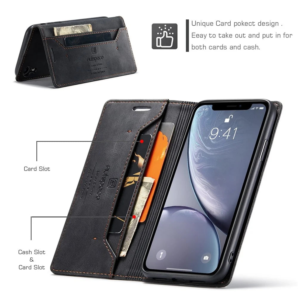 AUTSPACE A01 Series for iPhone XR 6.1 inch PU Leather Case RFID Blocking Wallet Stand Flip Cover - Black - 4