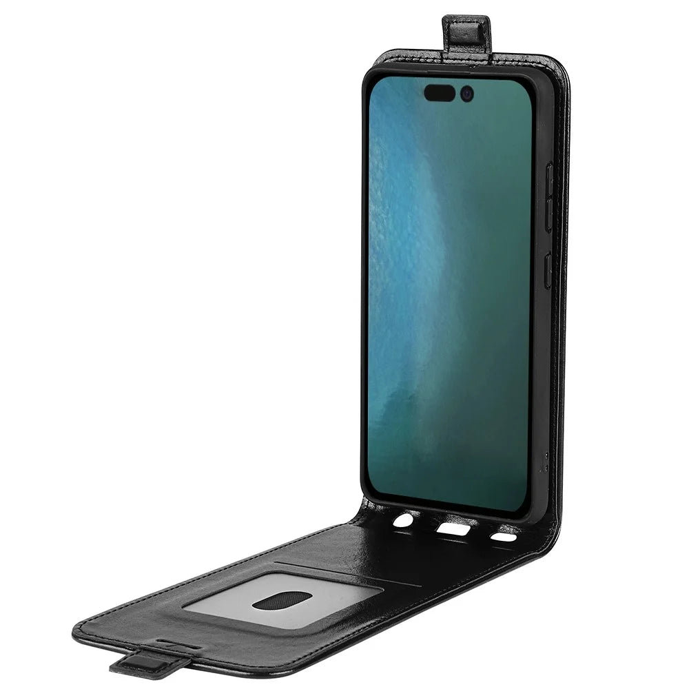 For iPhone 14 Pro 6.1 inch Vertical Flip Drop-proof Cover Crazy Horse Texture PU Leather Cell Phone Case with Card Holder - Black - 2