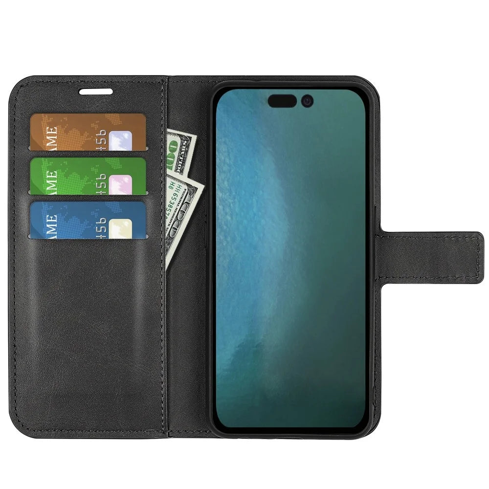 For iPhone 14 Pro 6.1 inch Anti-fall Textured PU Leather Phone Case Magnetic Closing Phone Protector with Wallet Stand - Black - 3
