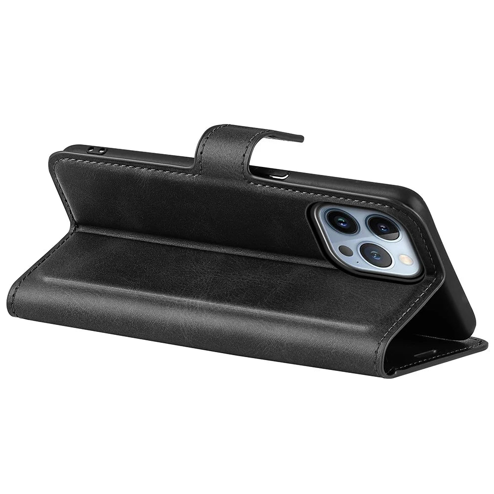 For iPhone 14 Pro 6.1 inch Anti-fall Textured PU Leather Phone Case Magnetic Closing Phone Protector with Wallet Stand - Black - 5