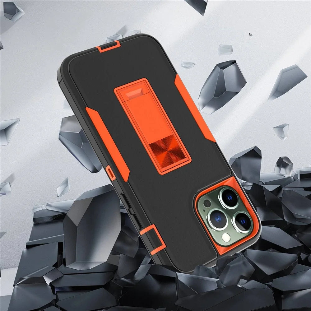 For iPhone 13 Pro Max 6.7 inch Back Shell, Impact Resistant PC + TPU Hybrid Phone Cover with Integrated Kickstand Car Mount Metal Sheet Case - Black/Orange - 6