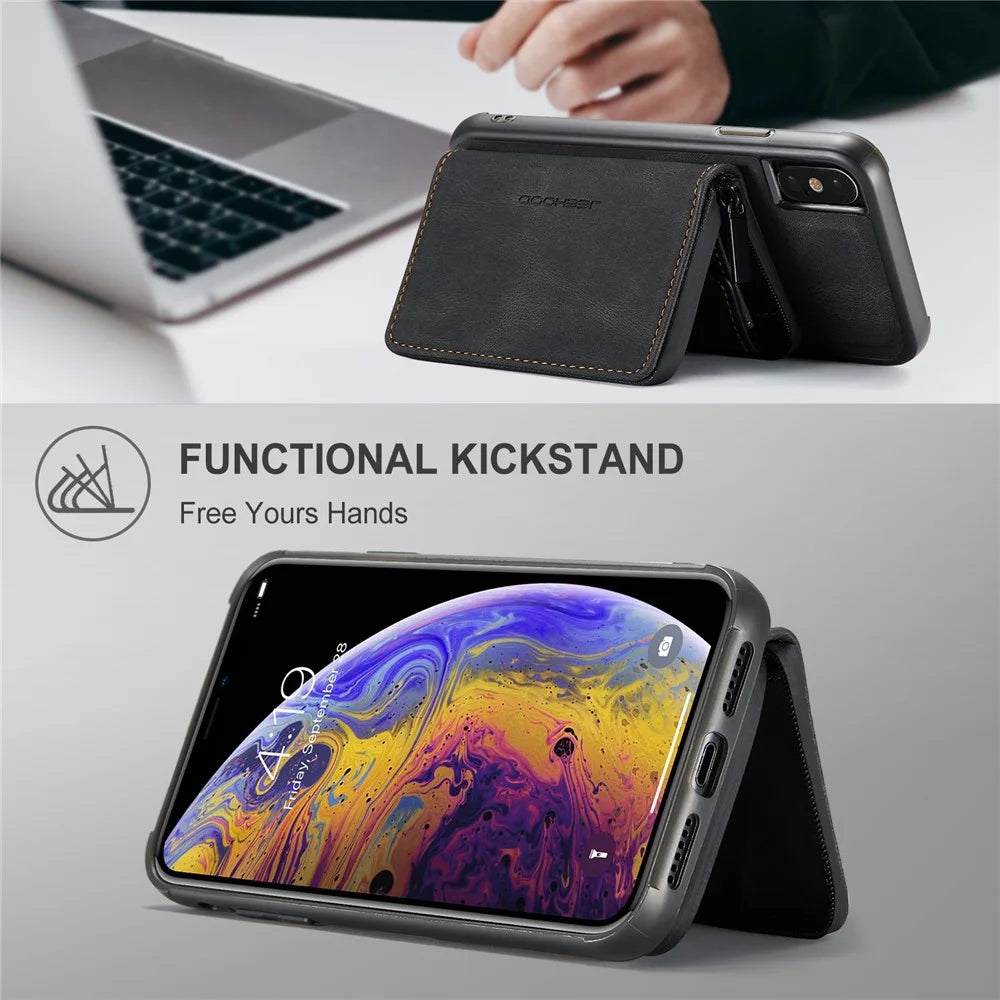 JEEHOOD For iPhone X/XS 5.8 inch Kickstand Design Detachable Magnetic Zipper Wallet Shell Leather Coated TPU Mobile Phone Case - Black - 5