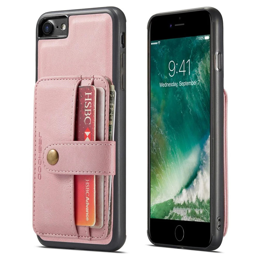 JEEHOOD For iPhone 7/8/SE (2020)/SE (2022) 4.7 inch Shockproof Wallet Phone Case Support Wireless Charging/RFID Blocking Anti-fall Phone Protector - Pink - 1