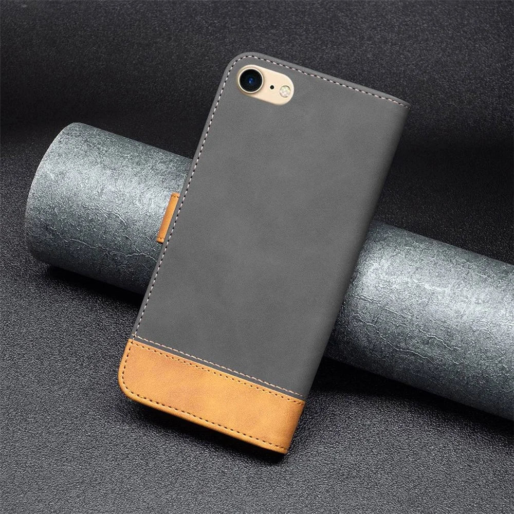 BINFEN COLOR for iPhone 7 4.7 inch / 8 4.7 inch / SE (2020) / (2022) Case Color Splicing Skin Touch Leather Phone Cover Wallet Stand - Black - 5