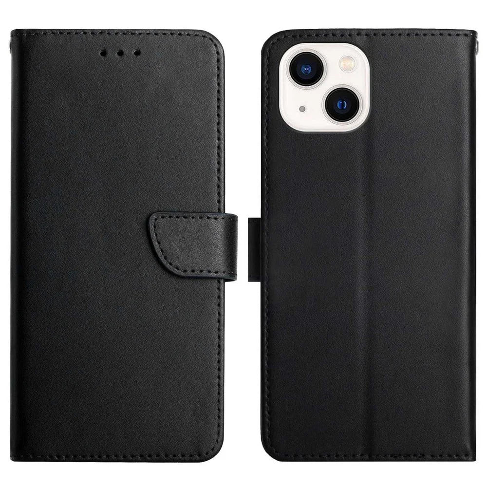 Nappa Texture Phone Case for iPhone 14 6.1 inch, Genuine Leather Wallet Stand Full Protection Cover - Black - 1