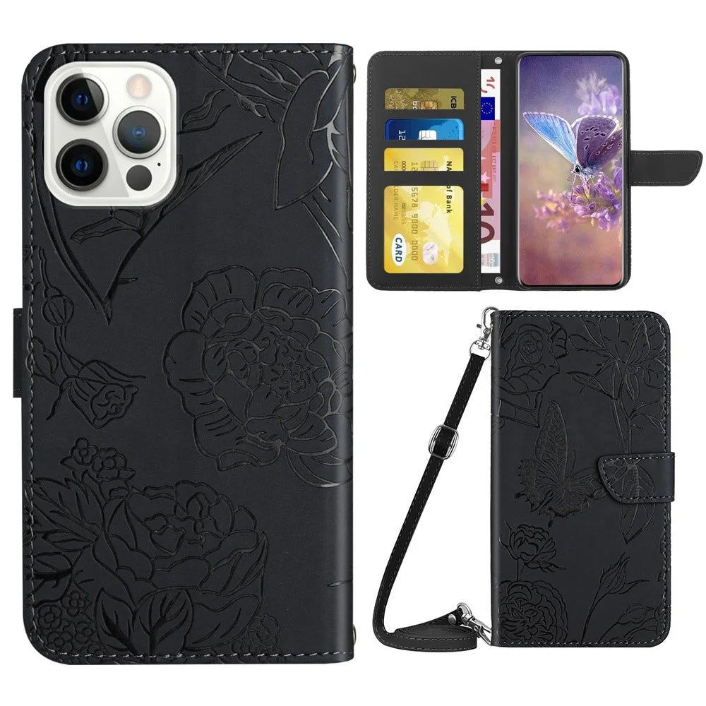 For iPhone 14 Pro Max 6.7 inch Imprinting Butterfly Flowers PU Leather Wallet Stand Phone Case Magnetic Closure Cover with Shoulder Strap - Black - 1