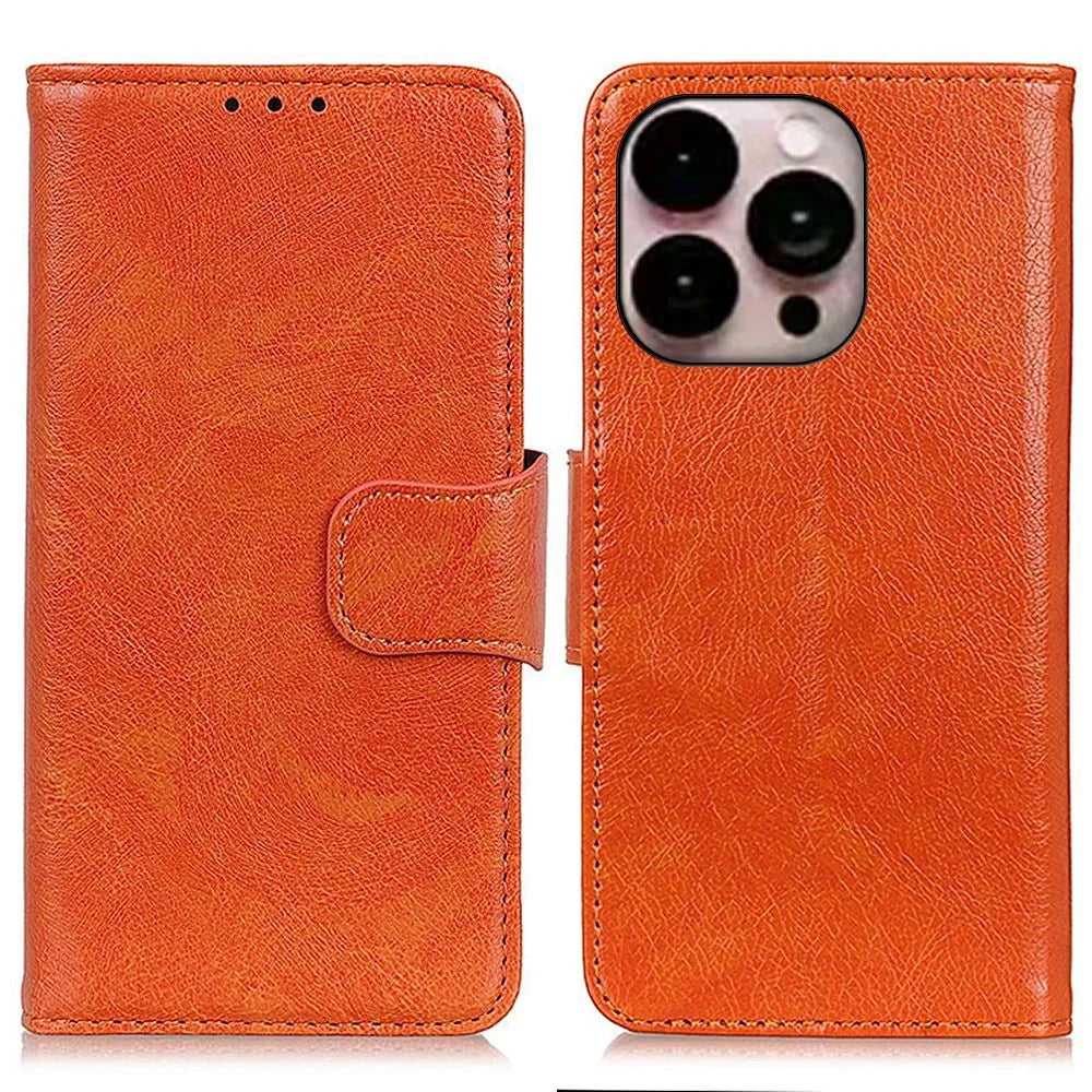 For iPhone 14 Pro Max 6.7 inch Protective Phone Cover with Card Slots Split Leather Nappa Texture Case Magnetic Closure Stand Wallet Phone Shell - Orange - 1