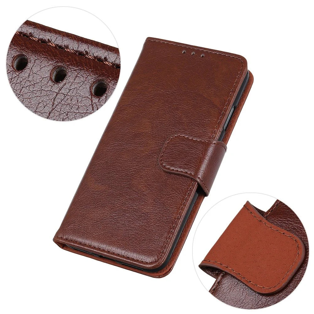 Split Leather Nappa Texture Phone Case for iPhone 14 6.1 inch, Magnetic Closure Stand Wallet Anti-drop Phone Cover Shockproof Mobile Phone Shell - Brown - 4