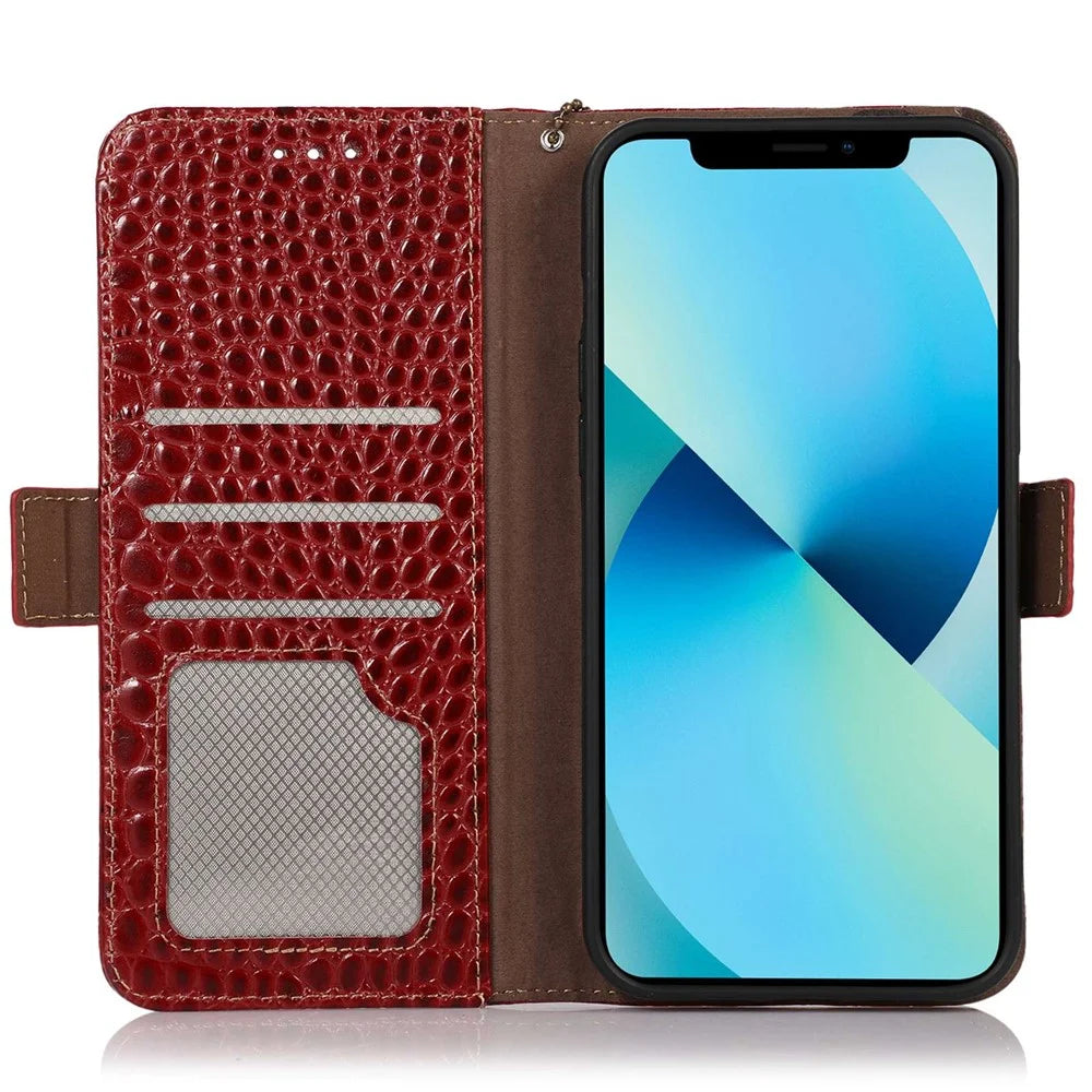 Crocodile Texture Phone Case for iPhone 14 Pro 6.1 inch, Genuine Cowhide Leather Magnetic Clasp RFID Blocking Shell with Stand Wallet - Red - 2